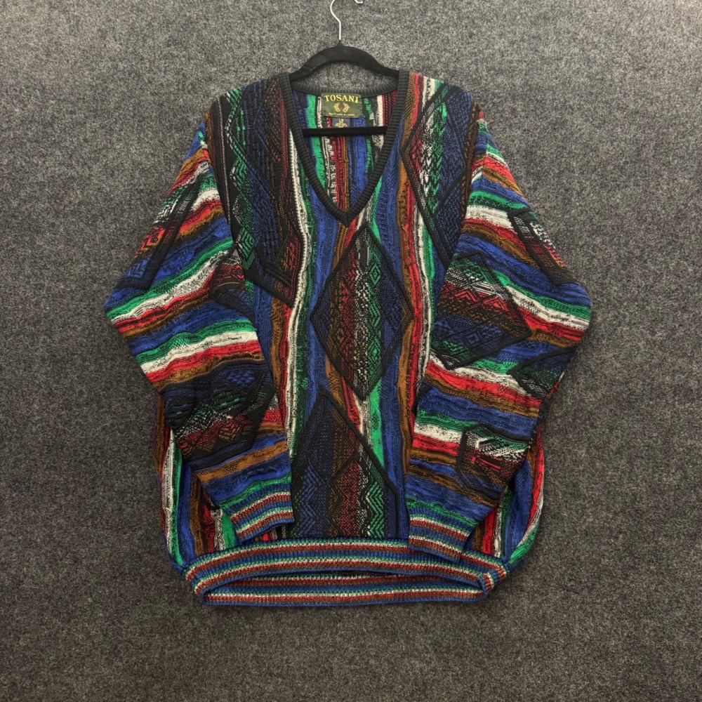Vintage Tosani 90s 3D Knit Sweater Mens Large Multi Color V-Neck Made in Canada